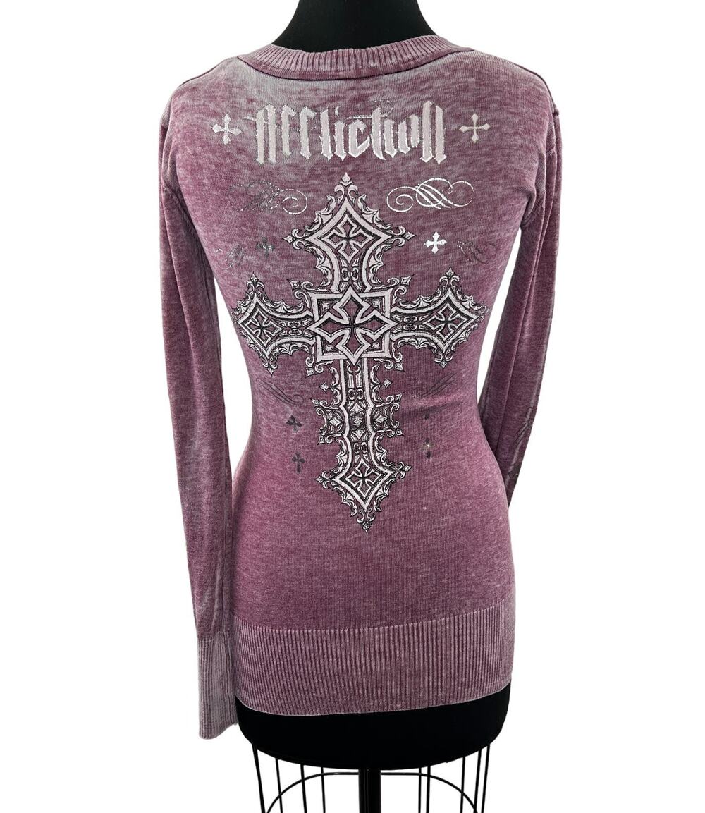 VINTAGE Affliction Pink Sweater Graphic Rib V-Neck Long Sleeve Knit Size S Small
